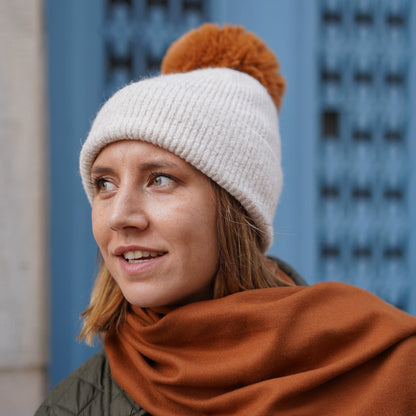 Trio cachemire — écharpe + bonnet + mitaines | Beige et cuivre