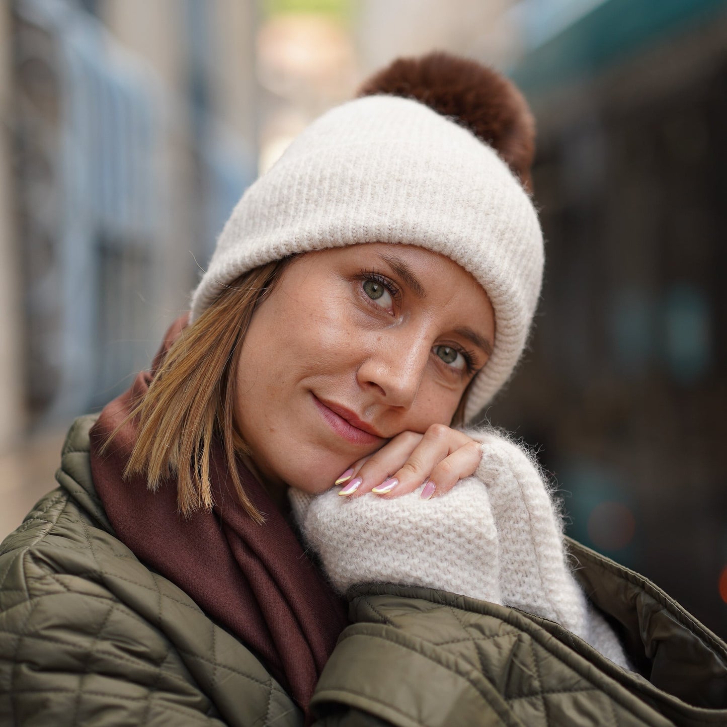 Trio cachemire — écharpe + bonnet + mitaines | Beige et Marron
