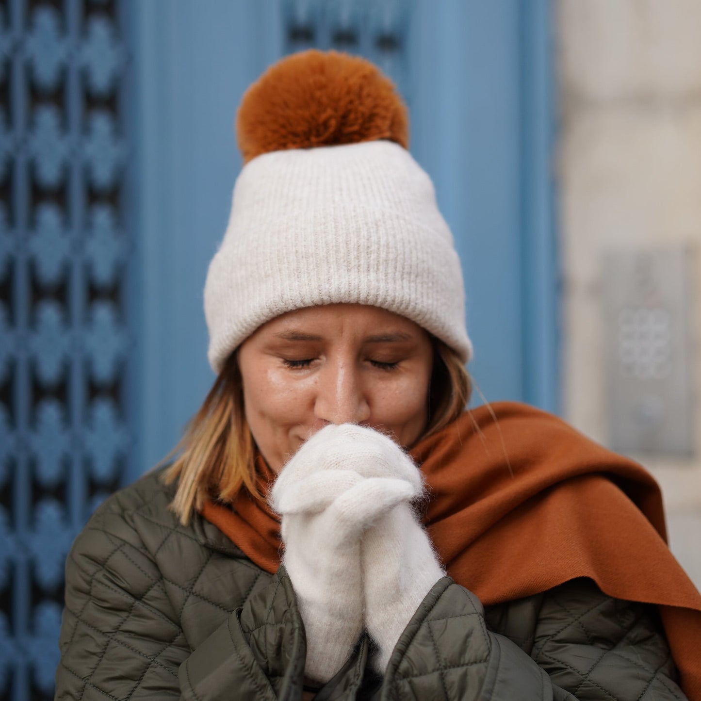 Trio cachemire — écharpe + bonnet + gants | Beige et cuivre