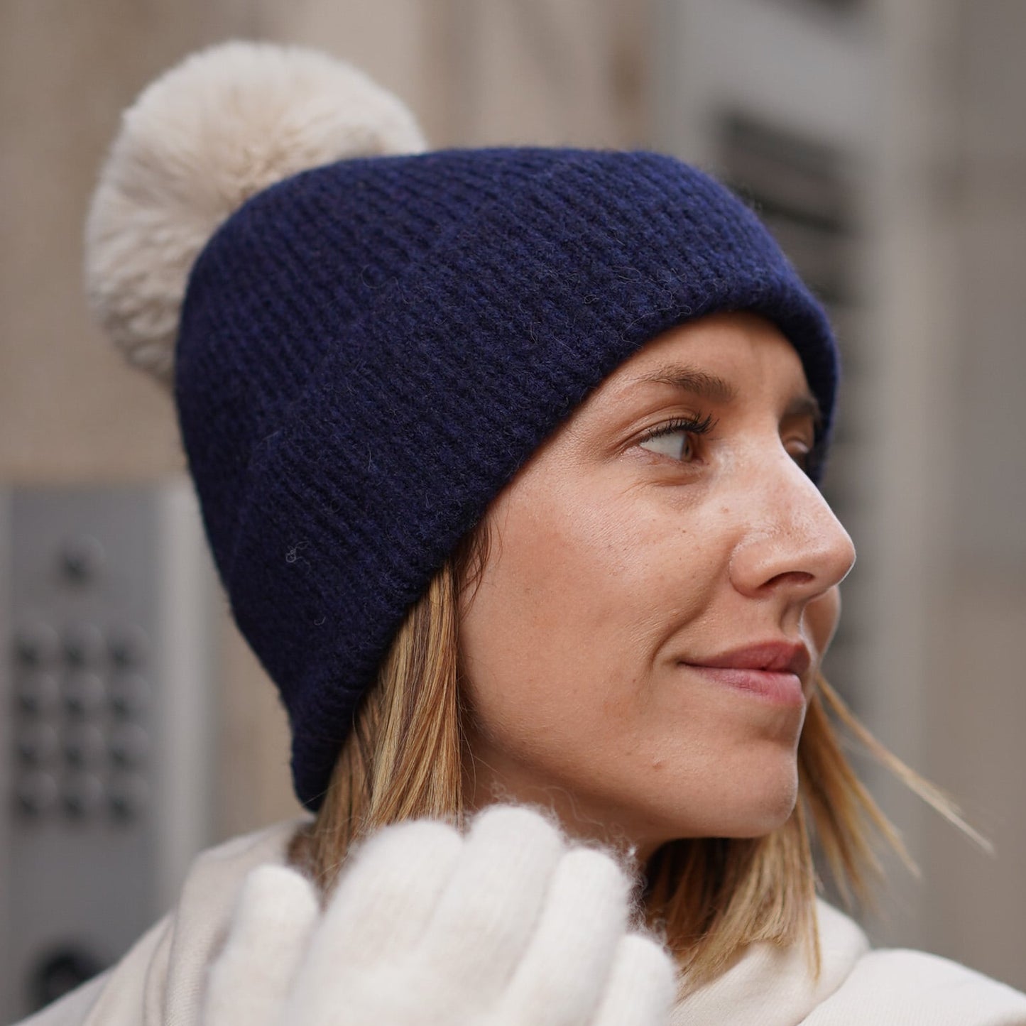 Trio cachemire — écharpe + bonnet + mitaines | Beige et Bleu marine