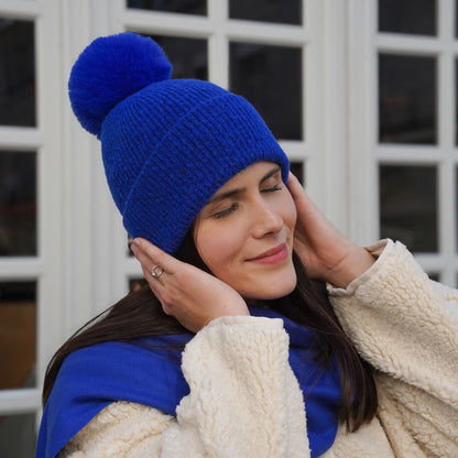 Trio cachemire — écharpe + bonnet + gants | Bleu roi