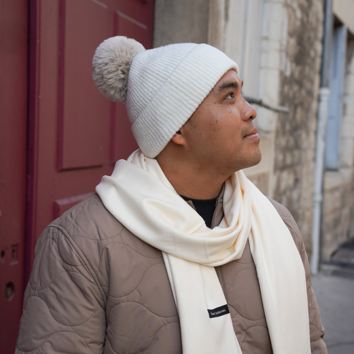 Bonnet cachemire ivoire pompon
