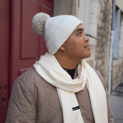 Bonnet cachemire ivoire pompon