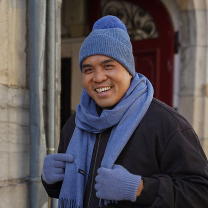 Bonnet cachemire bleu chiné pompon