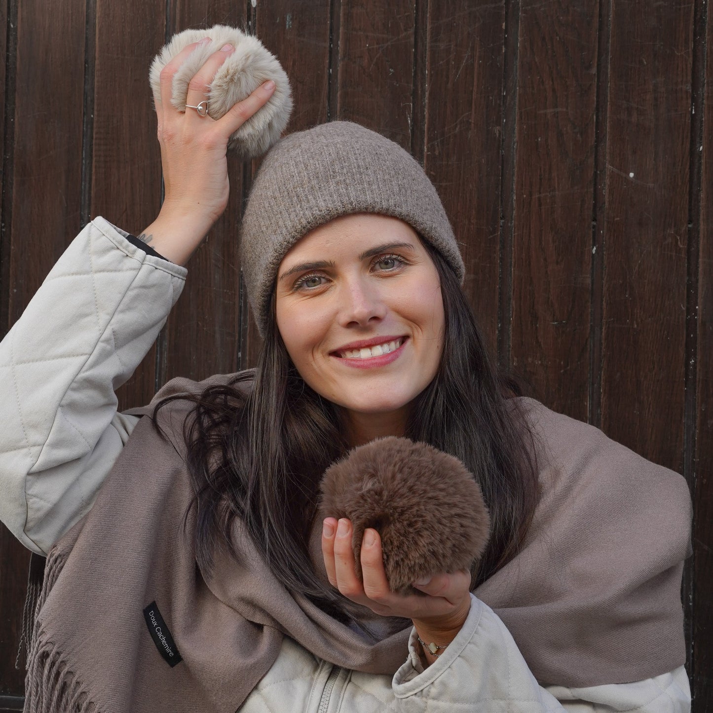 Trio cachemire — écharpe + bonnet + mitaines | Taupe et Beige