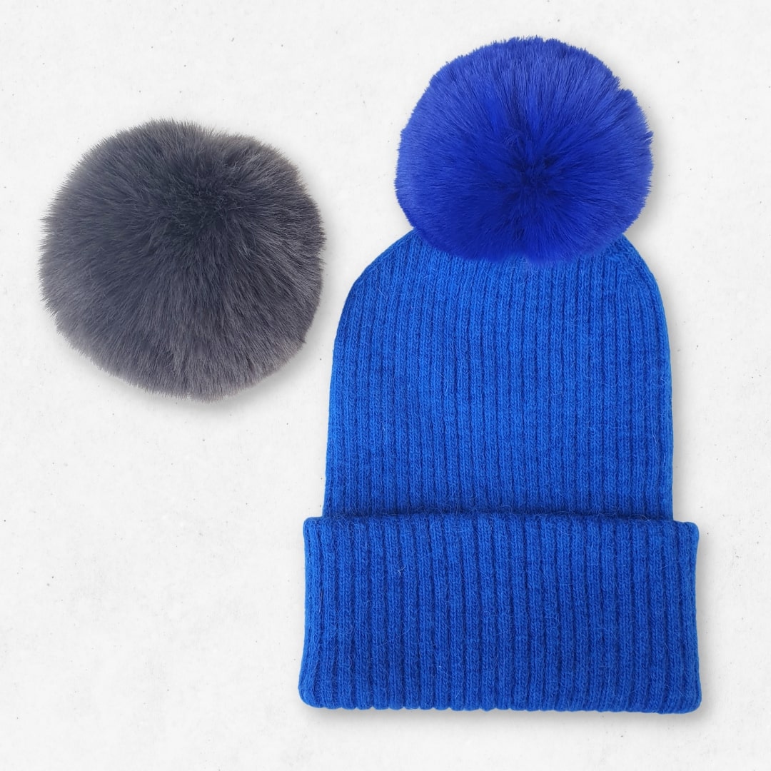 Bonnet pompon cachemire bleu roi