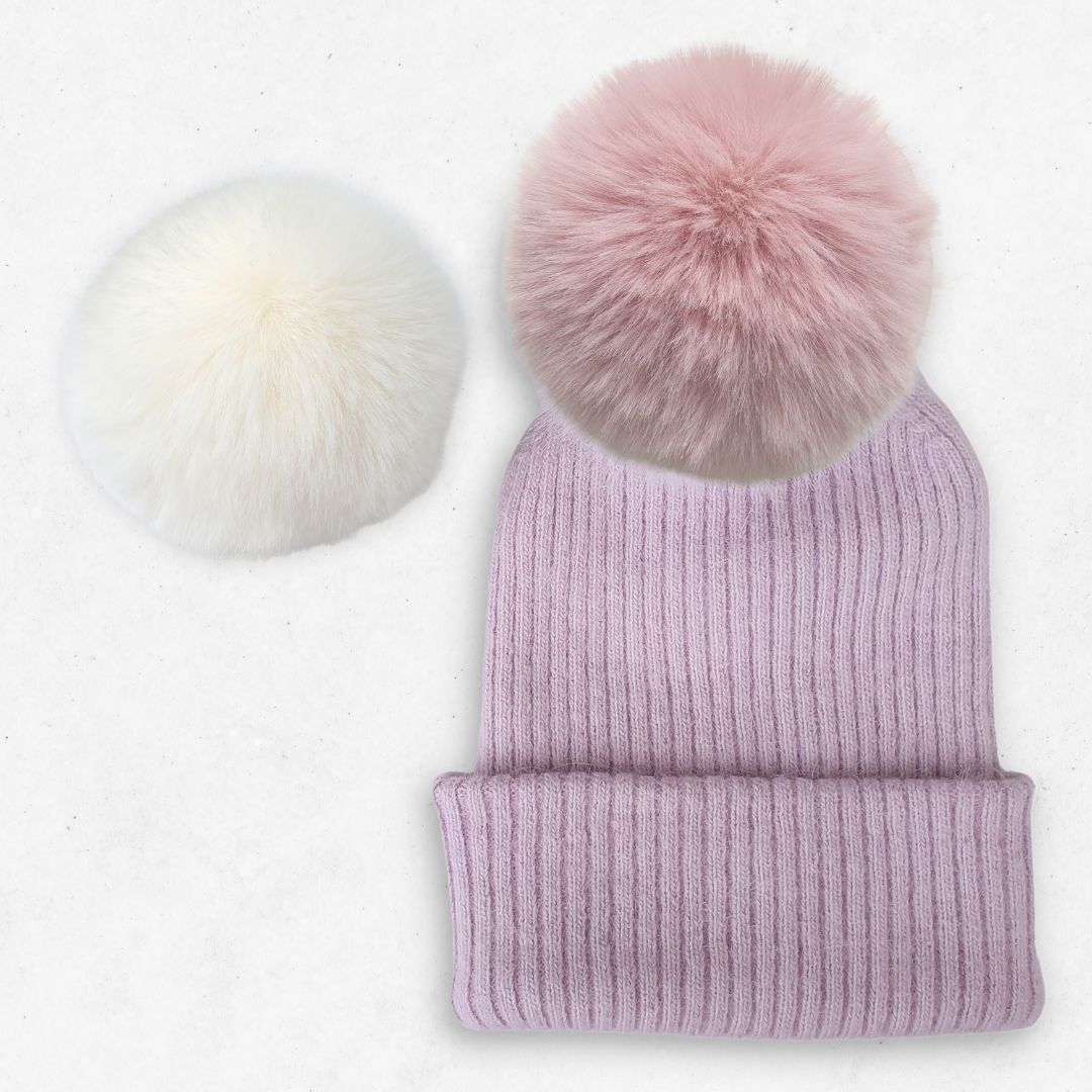 Bonnet pompon cachemire mauve