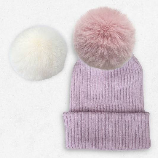 Bonnet pompon cachemire mauve