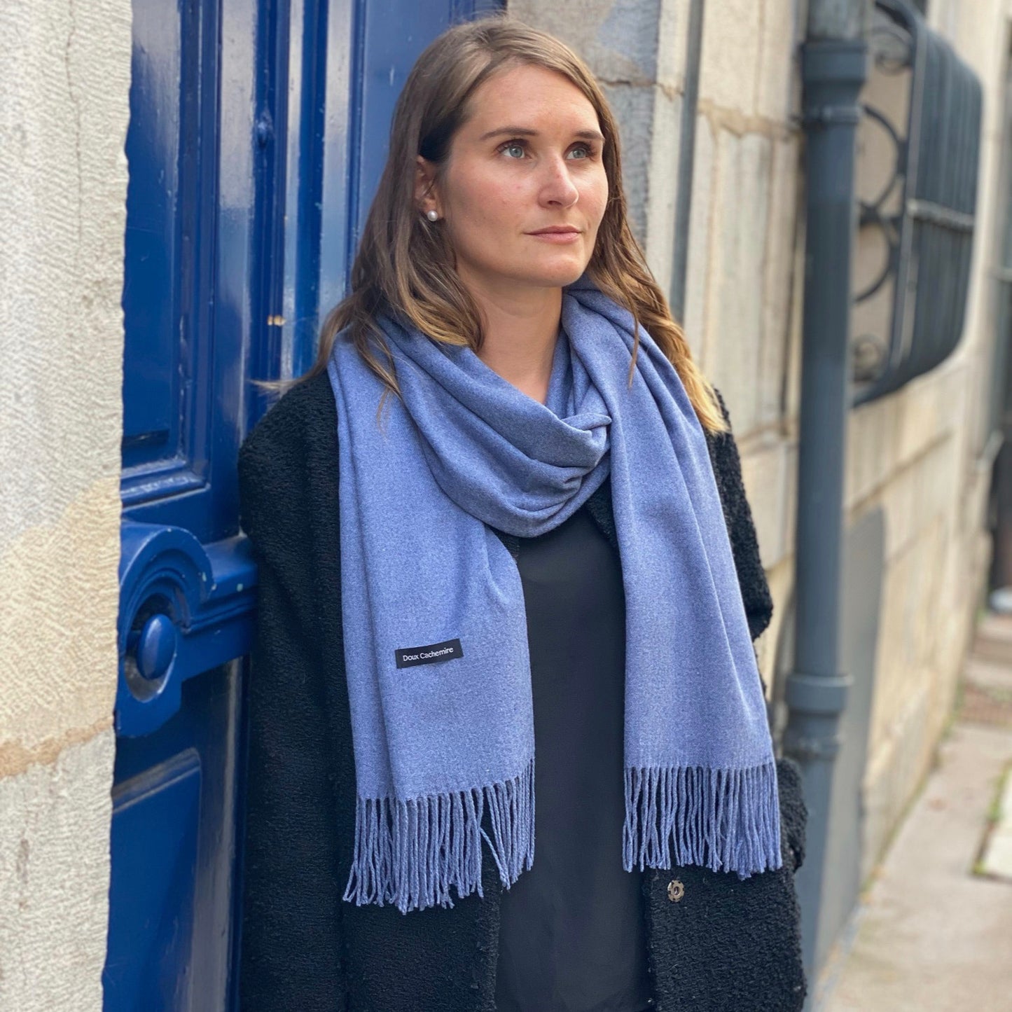 Trio cachemire — écharpe + bonnet + mitaines | Ivoire et Bleu chiné