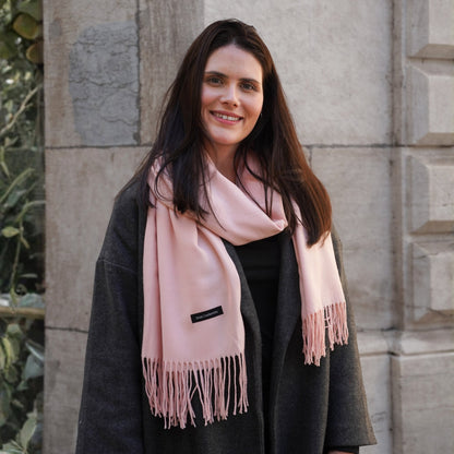 Trio cachemire — écharpe + bonnet + gants | Rose poudré et Gris