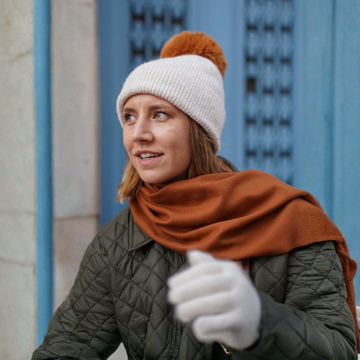 Trio cachemire — écharpe + bonnet + gants | Beige et cuivre