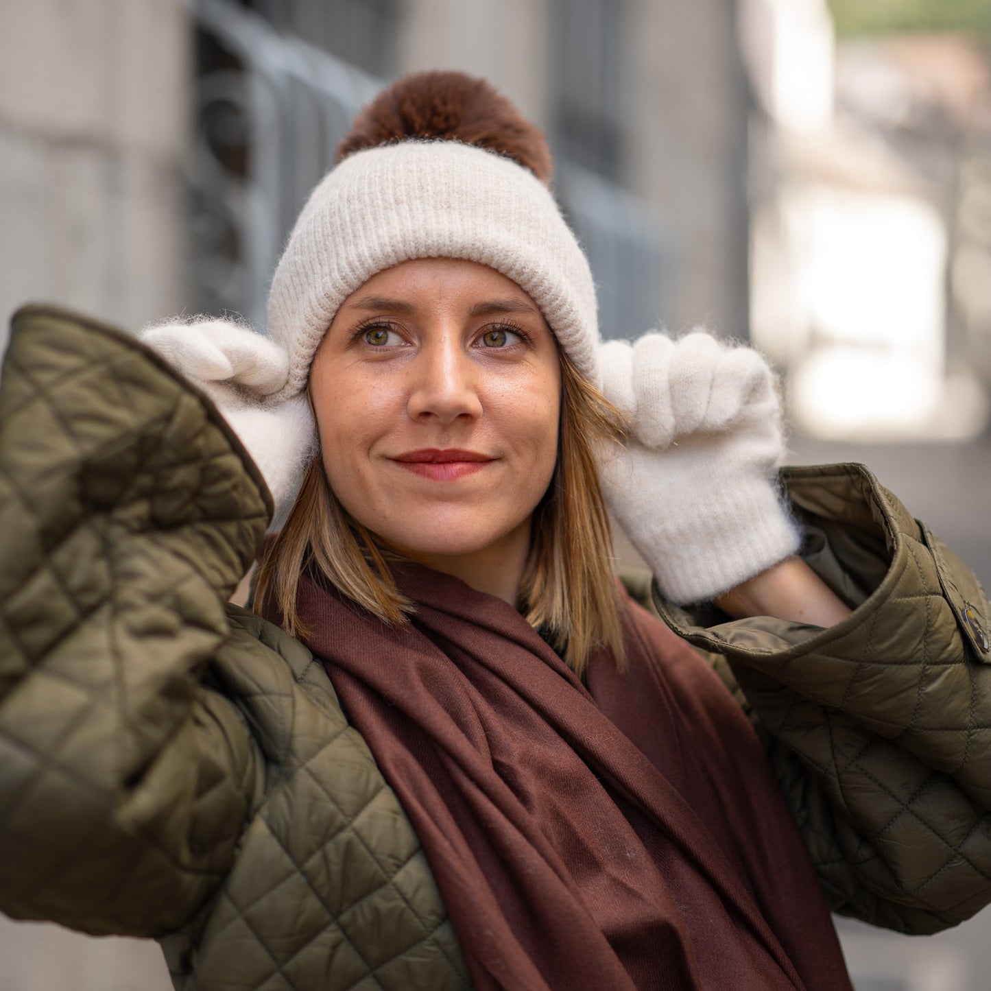 Trio cachemire — écharpe + bonnet + gants | Beige et Marron