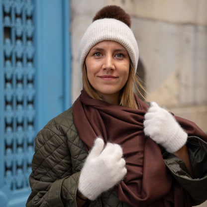 Trio cachemire — écharpe + bonnet + gants | Beige et Marron