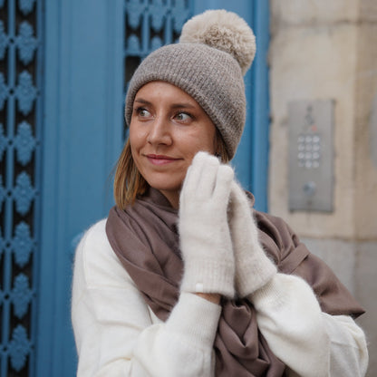 Trio cachemire — écharpe + bonnet + gants | Taupe et Beige