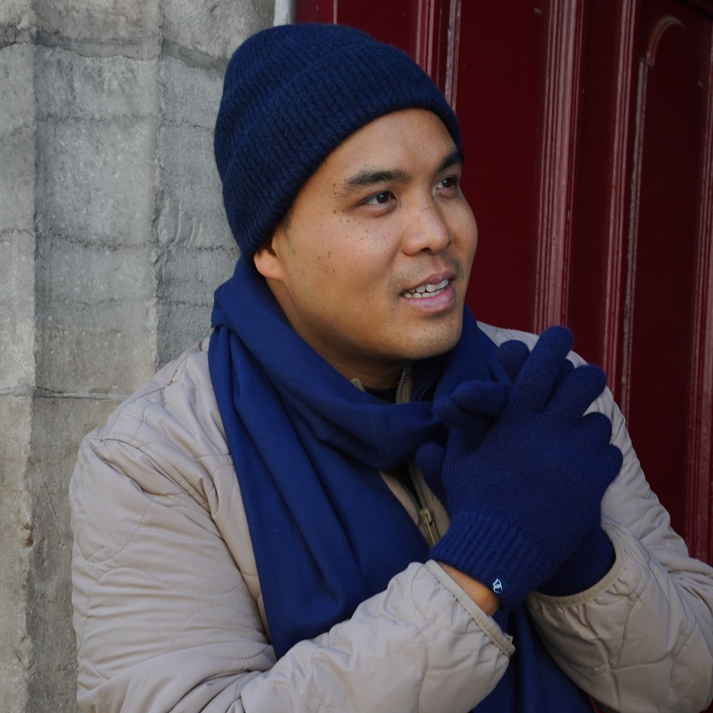 Trio cachemire — écharpe + bonnet + gants | Bleu marine