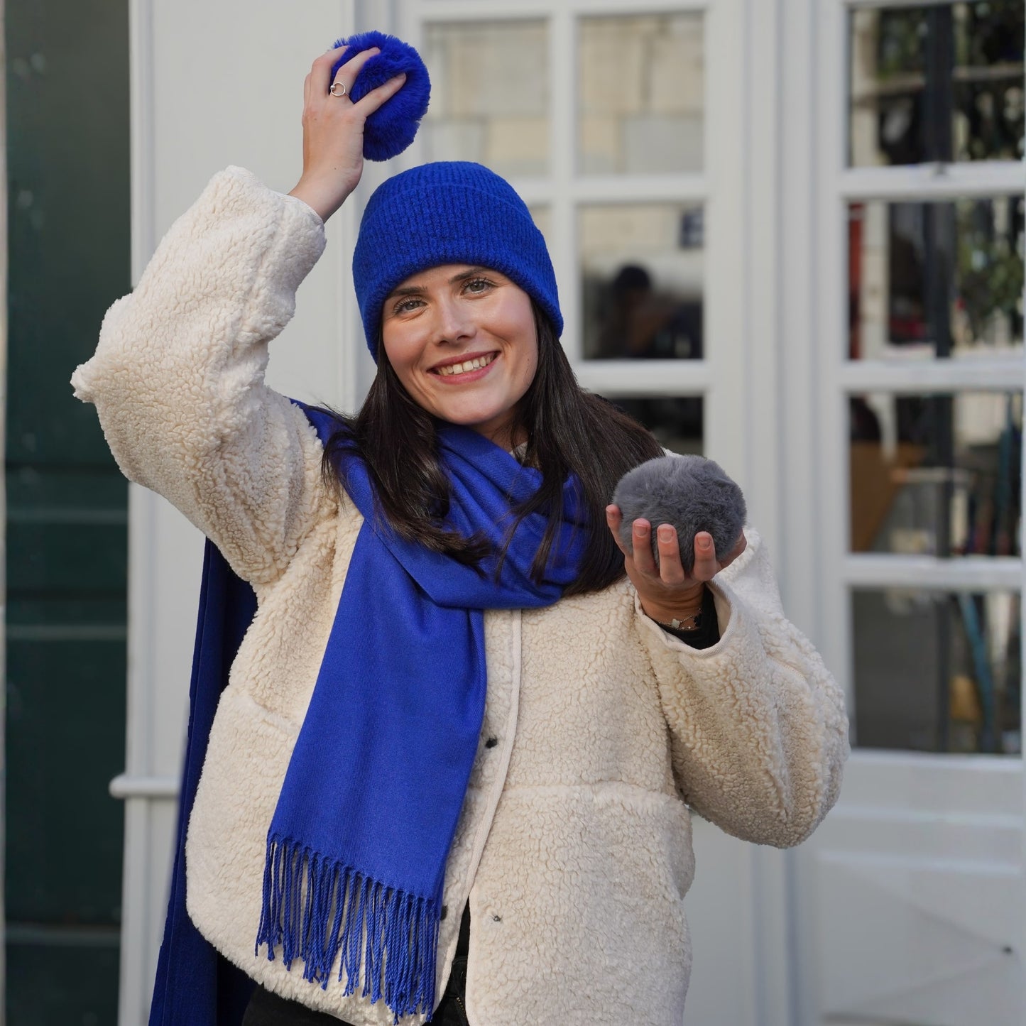 Trio cachemire — écharpe + bonnet + gants | Bleu roi