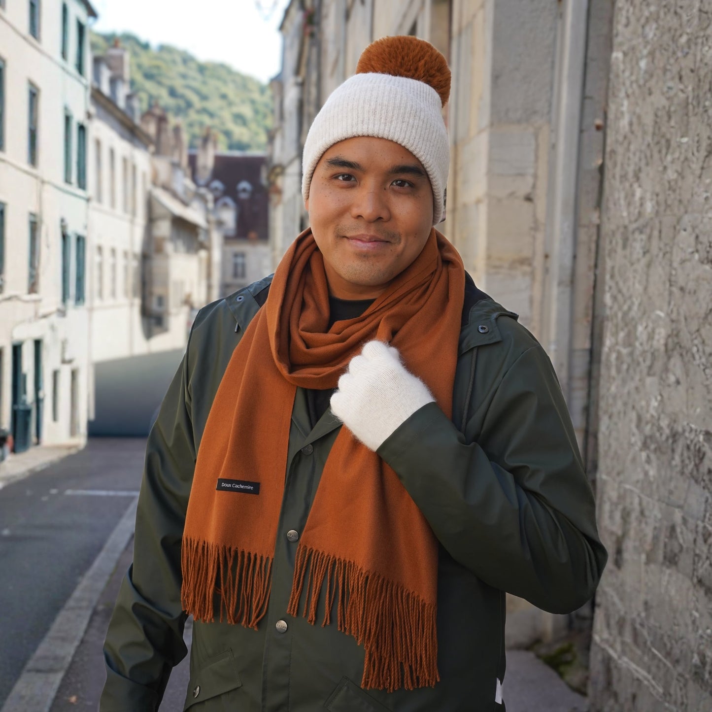 Trio cachemire — écharpe + bonnet + gants | Beige et cuivre