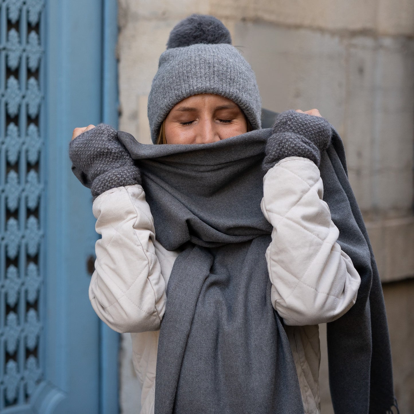 Trio cachemire — écharpe + bonnet + mitaines | Gris chiné
