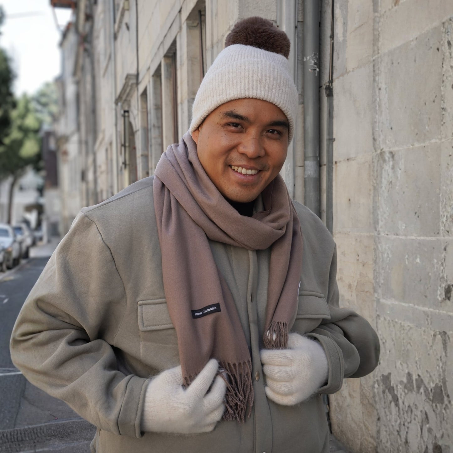Trio cachemire — écharpe + bonnet + gants | Beige et Taupe
