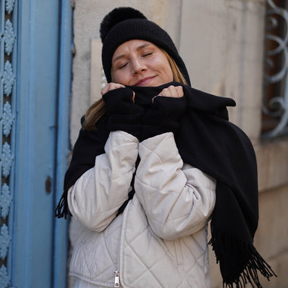 Trio cachemire — écharpe + bonnet + mitaines | Noir