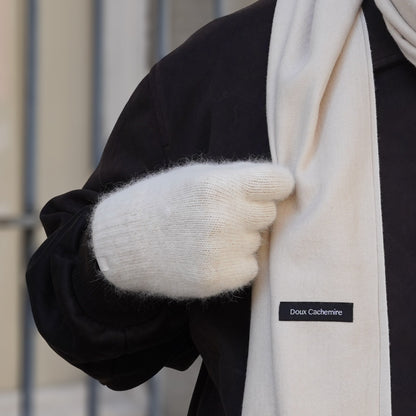 Trio cachemire — écharpe + bonnet + gants | Beige et Bleu chiné