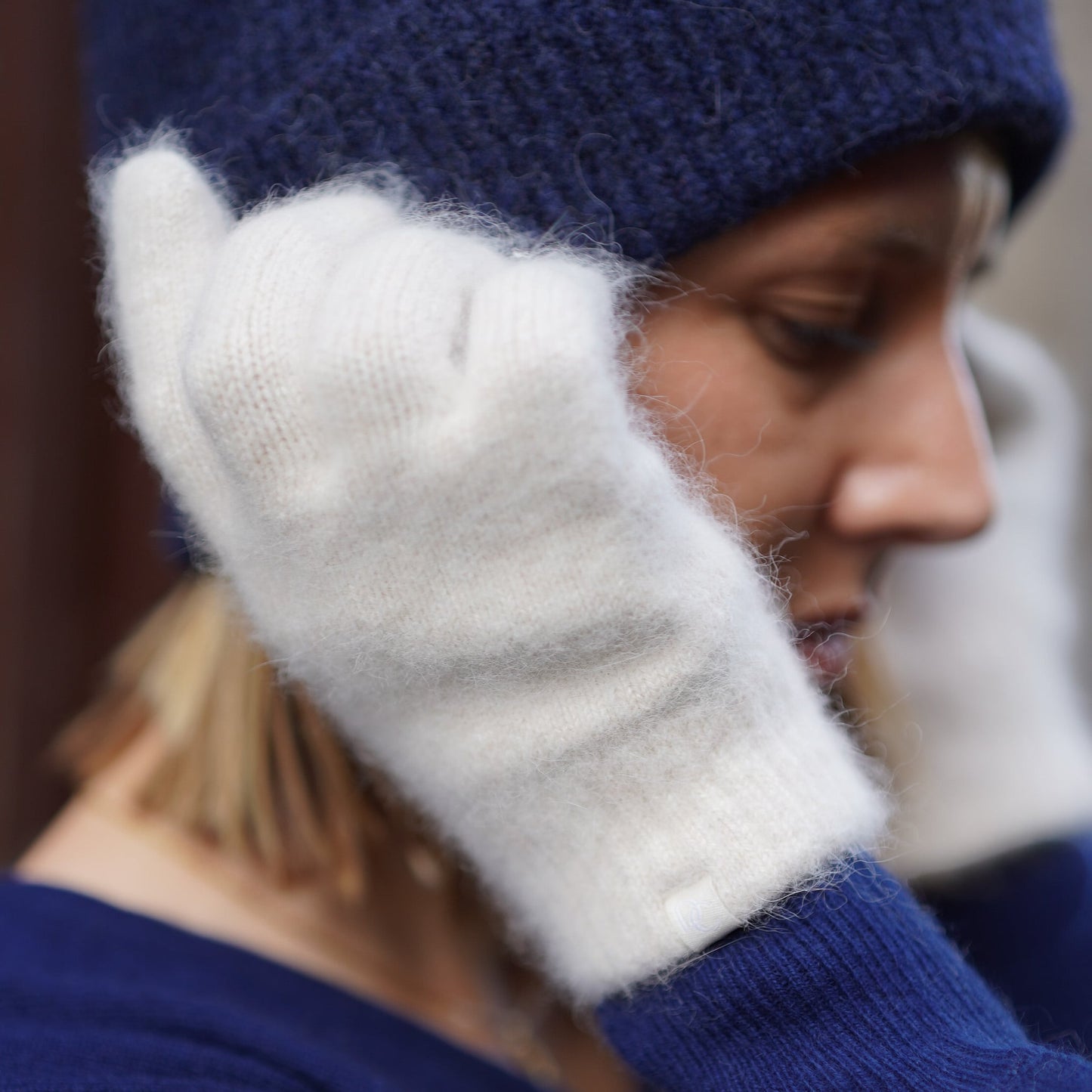 Trio cachemire — écharpe + bonnet + gants | Beige et Bleu marine