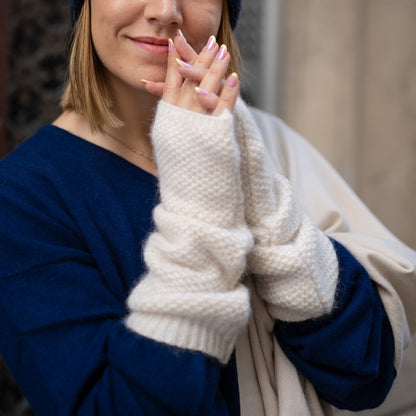 Trio cachemire — écharpe + bonnet + mitaines | Beige et Bleu marine