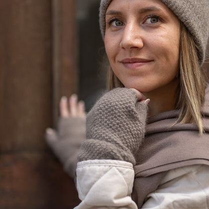 Trio cachemire — écharpe + bonnet + mitaines | Taupe